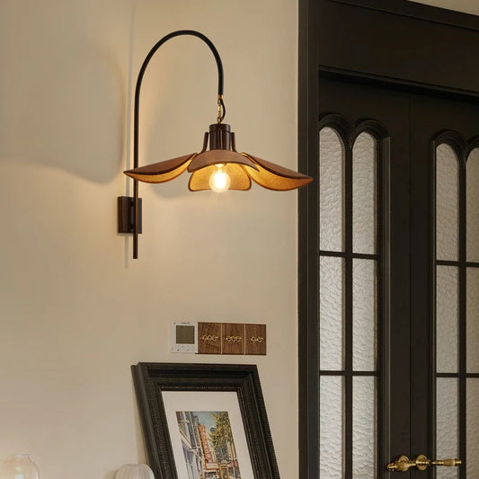 Sustainable handcrafted wood and fabric wall sconce for eco-friendly living room decor
