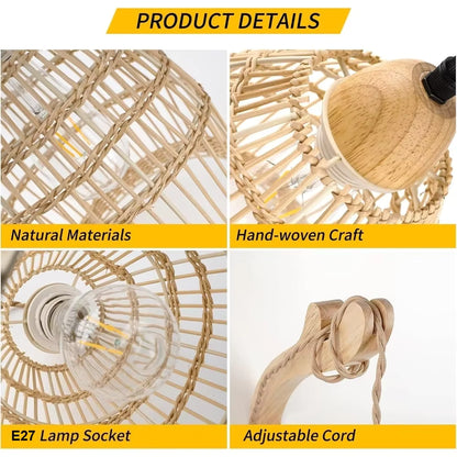 Product details of a rattan lamp with natural materials, hand-woven craft, E27 lamp socket, and adjustable cord.