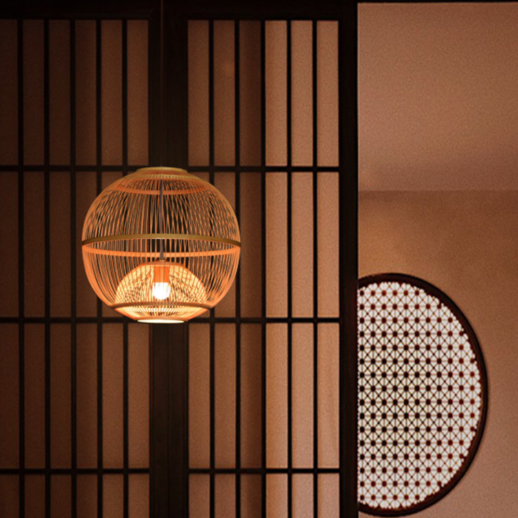 Handwoven bamboo globe pendant light with a unique layered spherical design