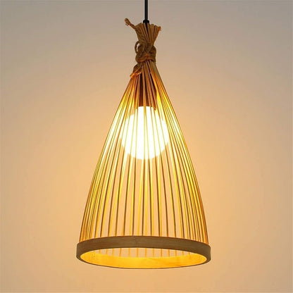 Handwoven bamboo cone pendant light for modern Japandi home decor