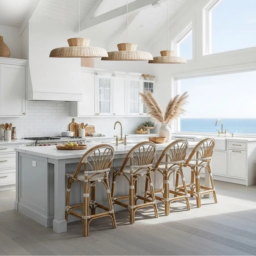Handwoven bamboo pendant light suspended elegantly above a modern kitchen island setup.