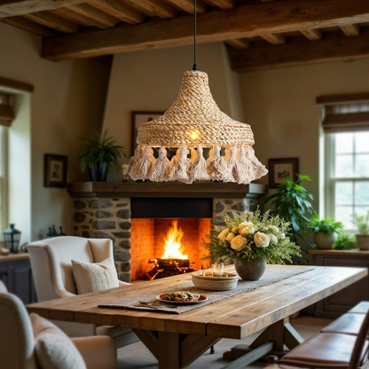 andwoven hyacinth pendant light suspended elegantly above a modern kitchen island setup.
