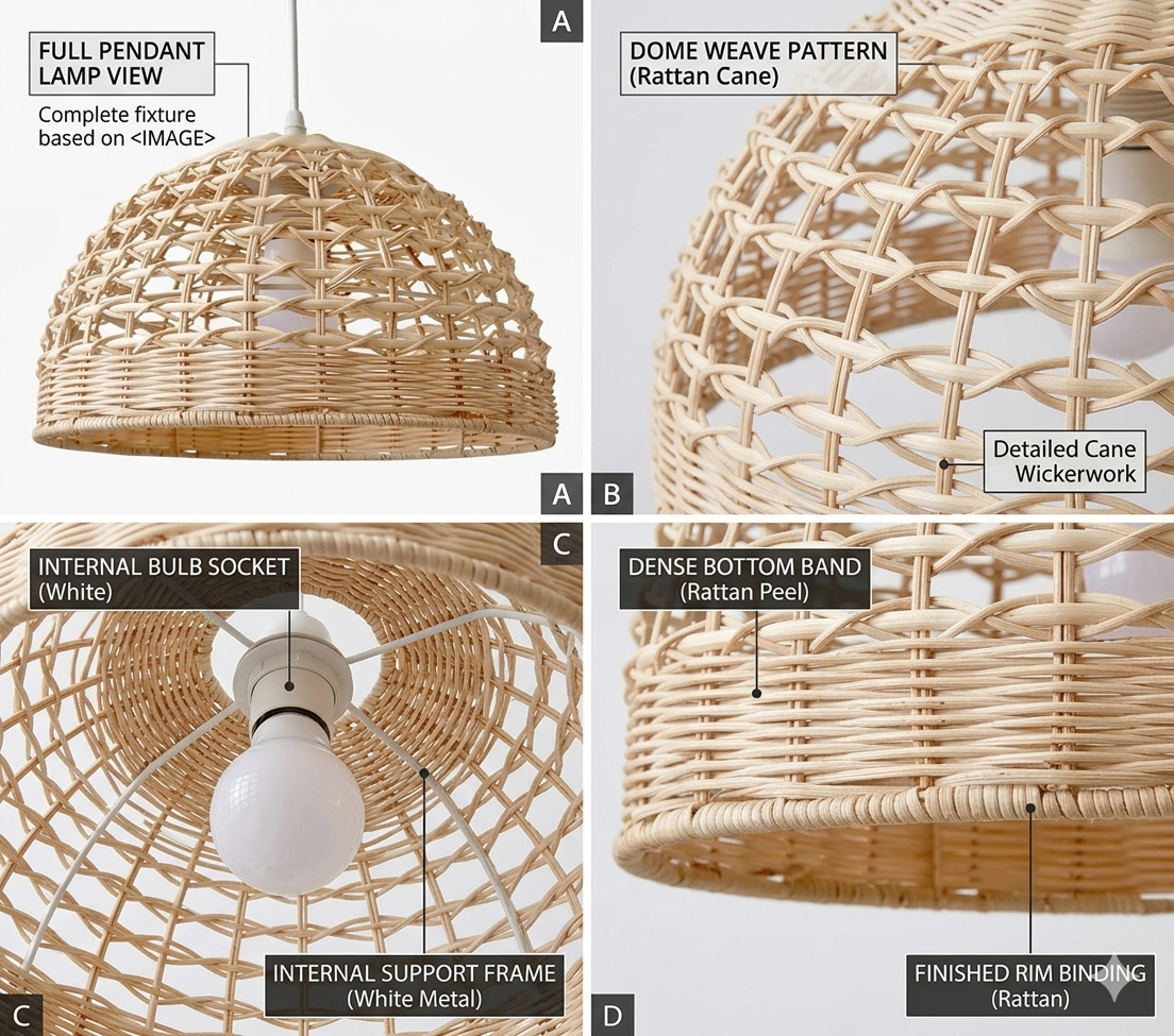 Handwoven natural rattan dome pendant light with intricate weave texture and organic aesthetic.