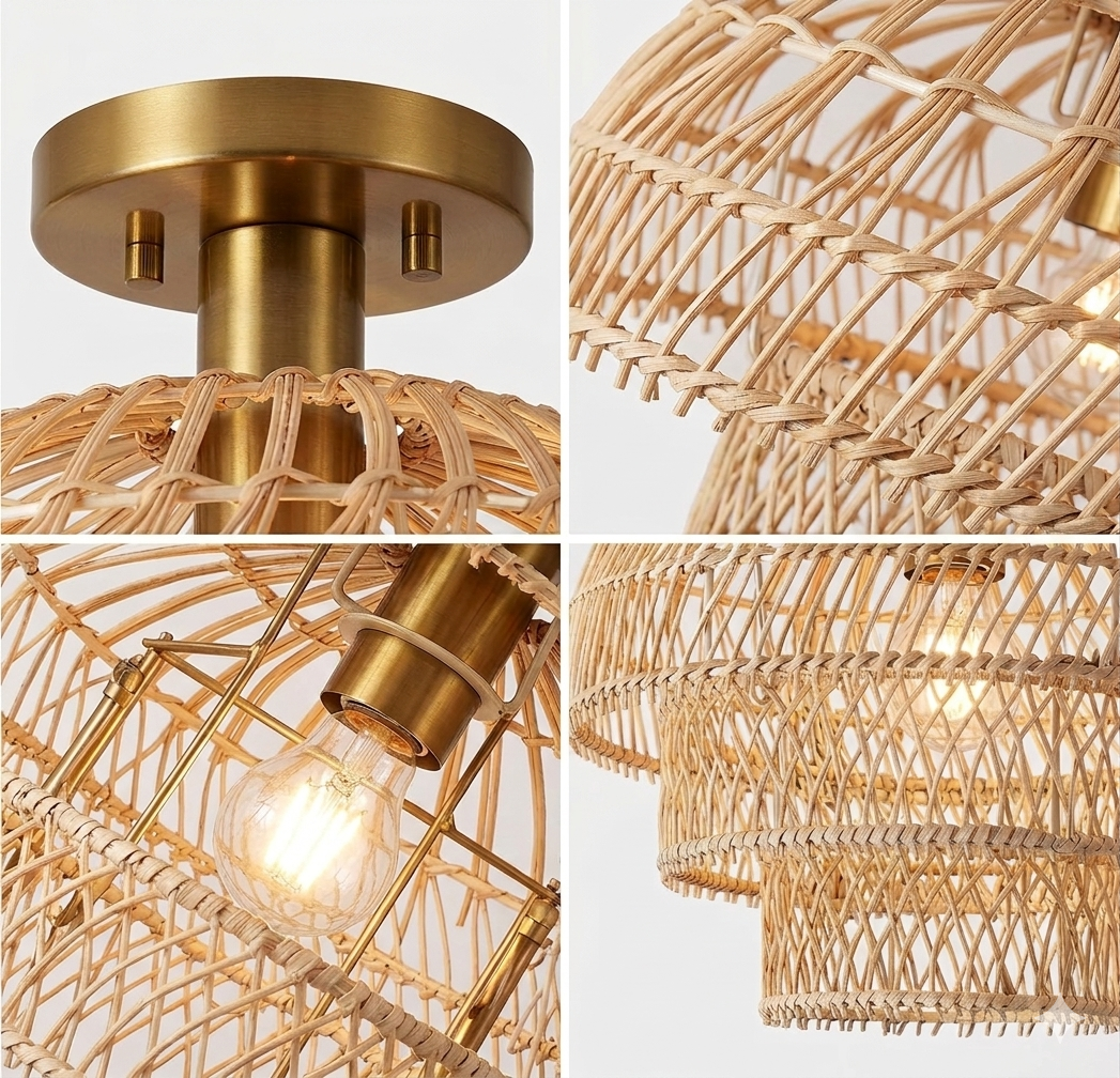 Handwoven natural rattan tiered ceiling light with intricate weaving and a sturdy gold metallic mount.