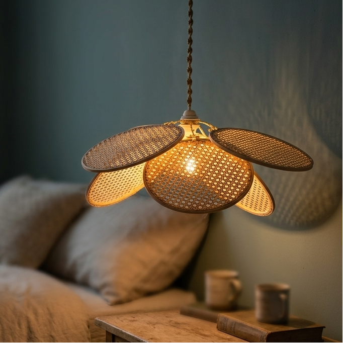 A beautiful handwoven rattan flower pendant light with natural cane mesh petals hanging elegantly.