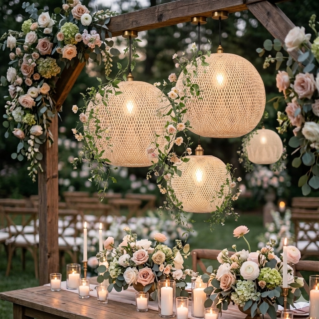 Handwoven rattan globe pendant light creating a romantic and warm atmosphere for wedding reception decor
