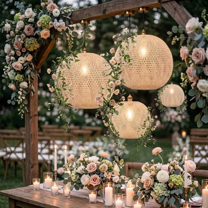 Handwoven rattan globe pendant light creating a romantic and warm atmosphere for wedding reception decor