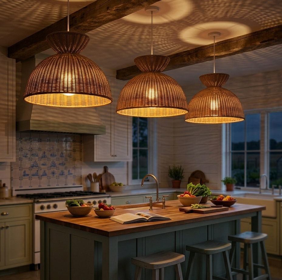 Handwoven rattan island flush mount light for modern kitchen islands