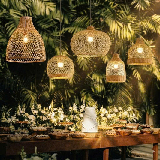 Bohemian style handwoven rattan pendant lights creating a romantic atmosphere for wedding reception decor