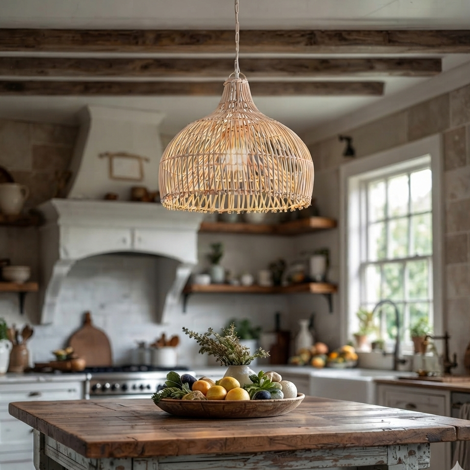 Handwoven Rattan pendant light suspended beautifully over a kitchen island.