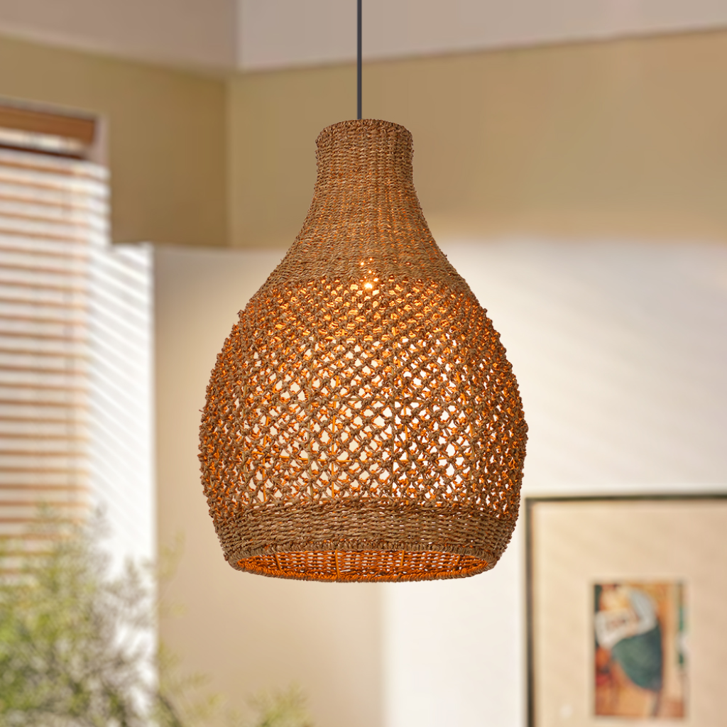 Handwoven seagrass teardrop pendant light with natural woven texture