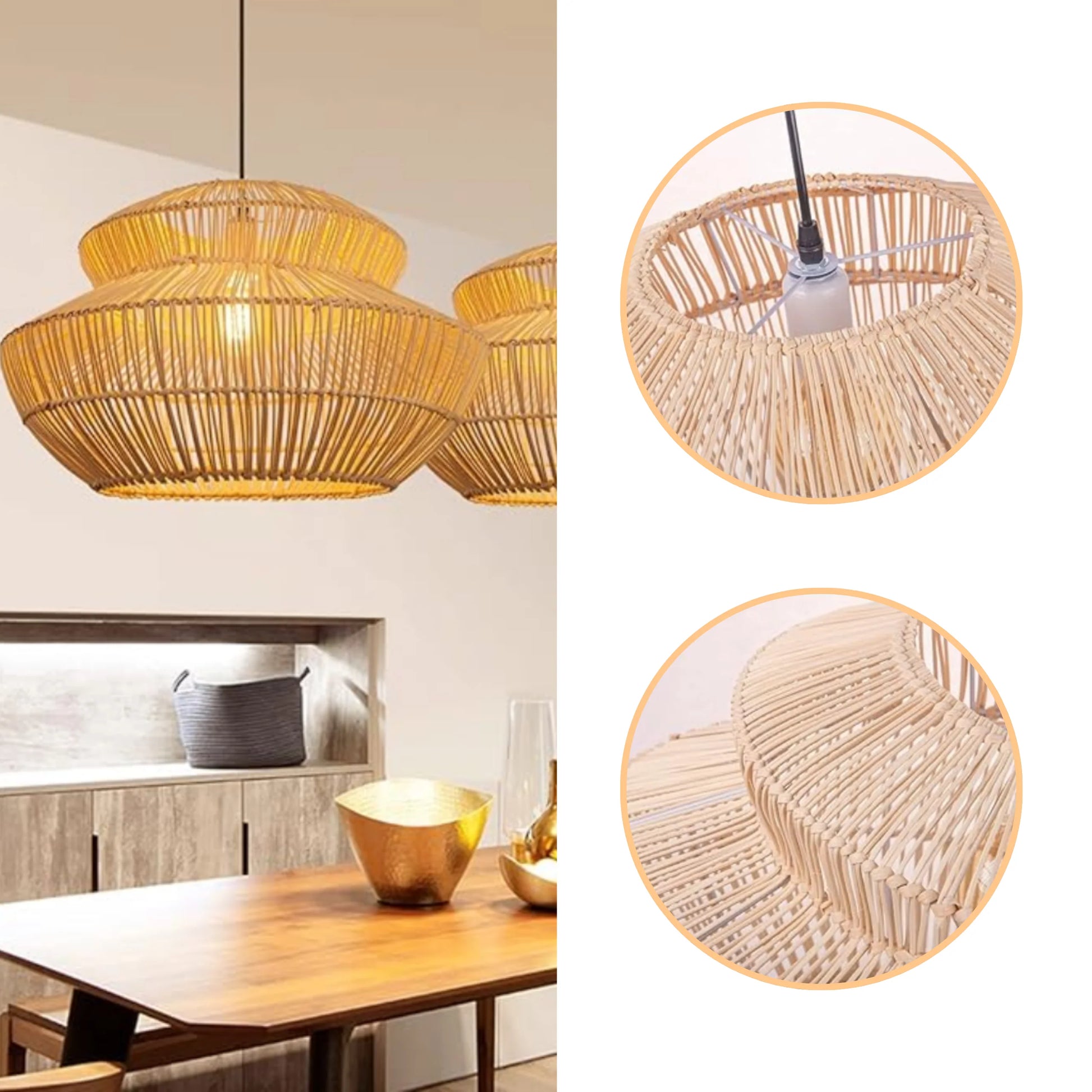 Handwoven tiered rattan pendant light creating a warm glow in a modern home