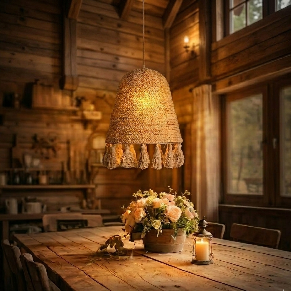 Handwoven hyacinth pendant light suspended elegantly above a modern kitchen island setup.