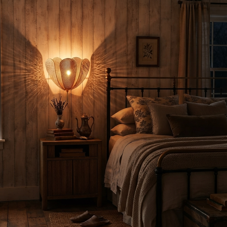 Cozy bedroom mood lighting featuring a beautiful hanging rattan lamp
