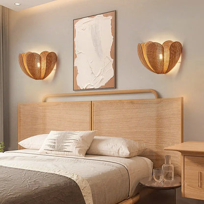 Cozy bedroom mood lighting featuring a beautiful hanging rattan lamp