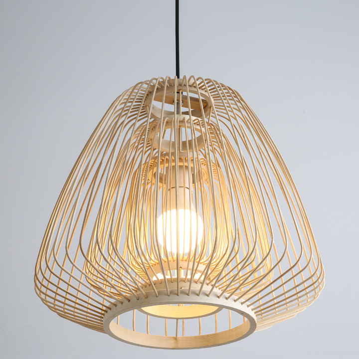 Zero-waste hanging lamp made of pure natural bamboo, grounding the mood of a private wine cellar.