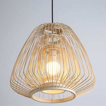 Zero-waste hanging lamp made of pure natural bamboo, grounding the mood of a private wine cellar.