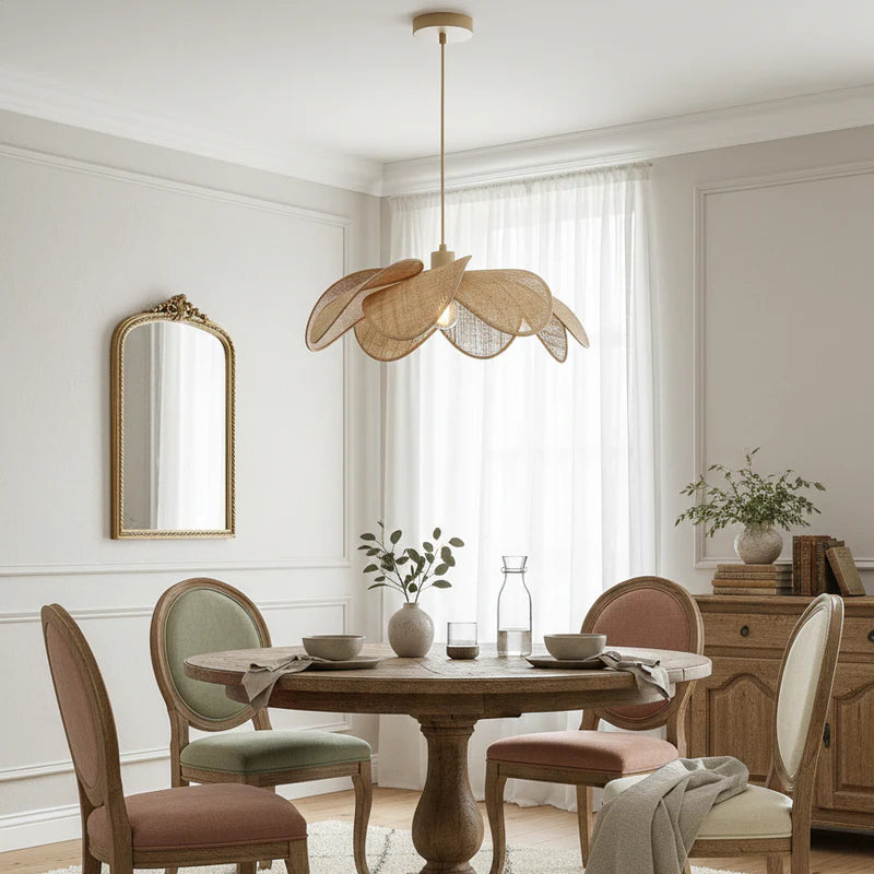Hanging lamp in modern Rattan style, perfect for dining table lighting, offering beautiful accent light.