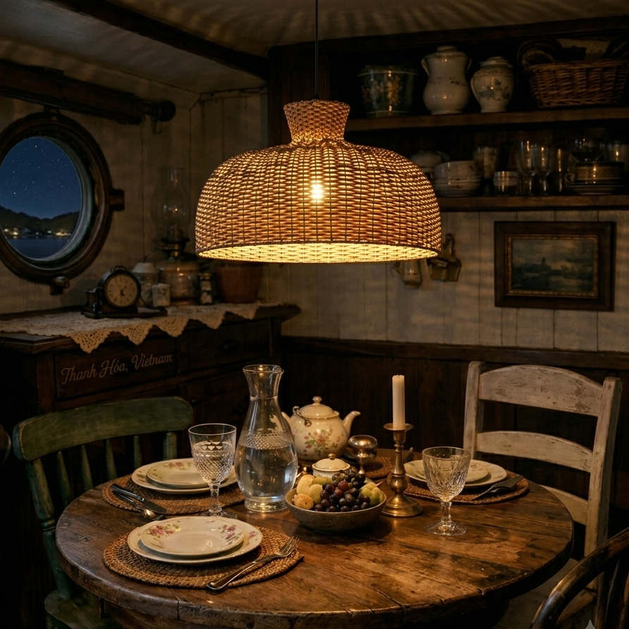 Cozy home style hanging lamp in natural rattan dome, creating an inviting reading nook.