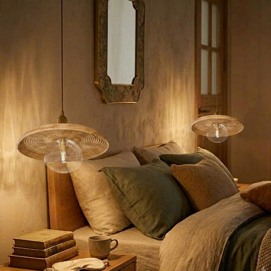 Cozy home style hanging lamp in natural rattan saucer, creating an inviting bed room
