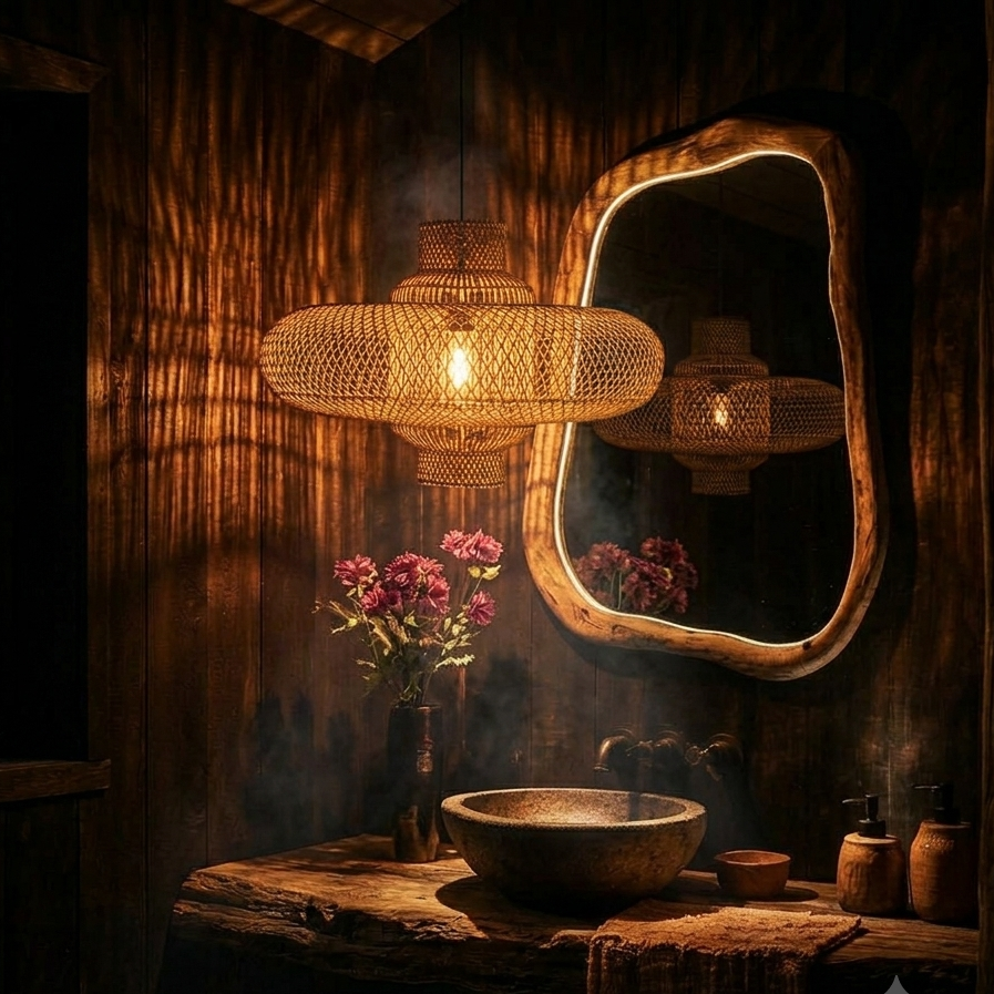 Cozy home decor hanging lamp with diffused bamboo lattice, creating an inviting glow in a warm home