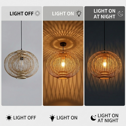 Eco-friendly hanging lamp crafted from natural bamboo cage, perfect for a natural wellness space.