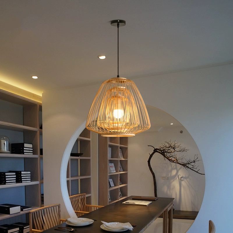 Eco-friendly hanging lamp crafted from natural bamboo ribs, perfect for a natural wellness space.
