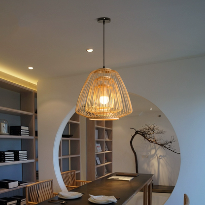 Eco-friendly hanging lamp crafted from natural bamboo ribs, perfect for a natural wellness space.