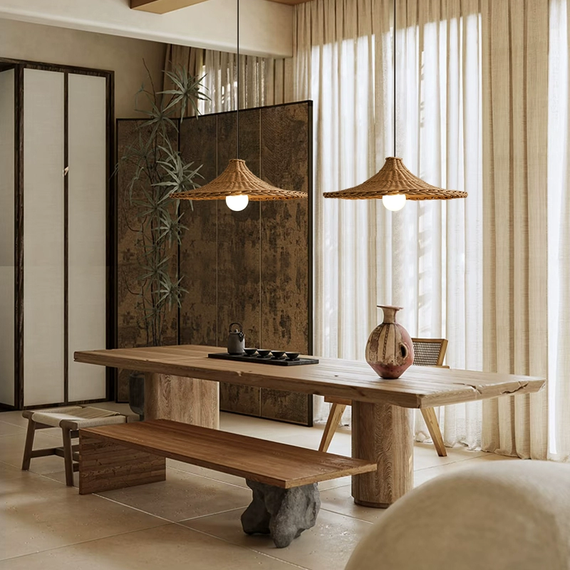 Eco-friendly hanging lamp crafted from woven natural bamboo, perfect for a natural wellness space.