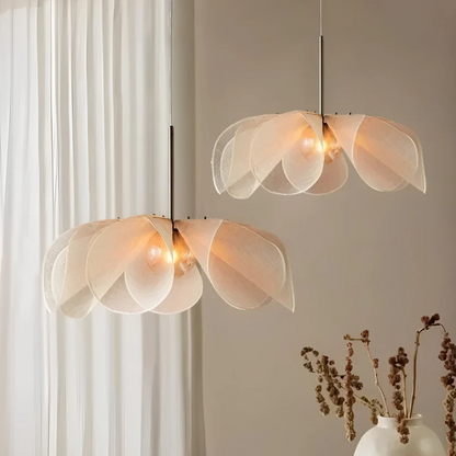 Hanging lamp in Handmade Natural Eco-friendly style, crafted from Fabric, ideal for Art room decor, providing ambient and mood lighting with an organic, sculptural appeal.