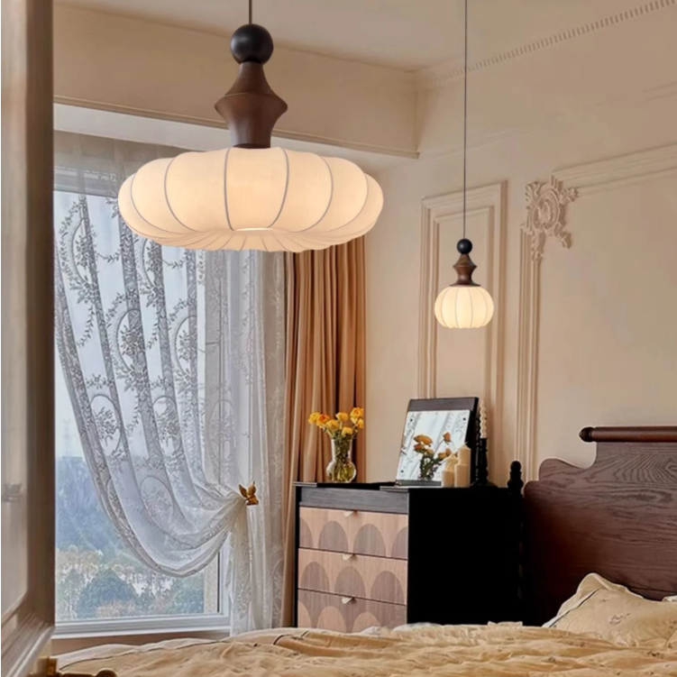 Hanging lamp in Handmade Natural style, featuring Wood Mix Cloth material, ideal for Bedroom decor, providing ambient and task lighting.
