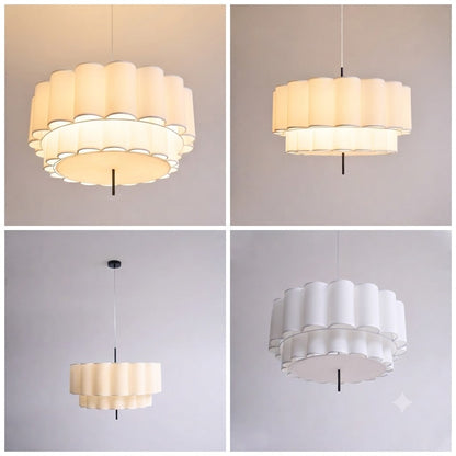 Hanging lamp in Japandi style, featuring fabric material, creating a minimalist, textured look for interior decor.