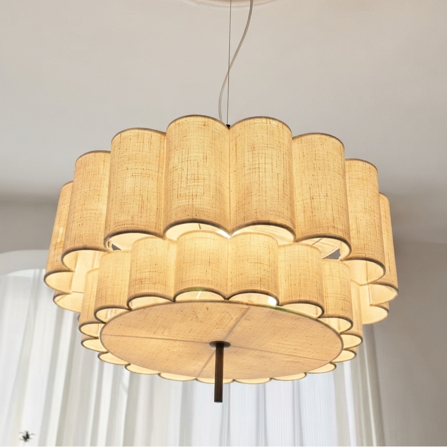Hanging lamp in Japandi style, featuring fabric material, creating a minimalist, textured look for interior decor.