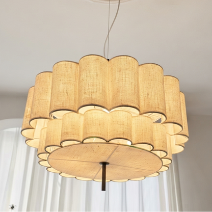 Hanging lamp in Japandi style, featuring fabric material, creating a minimalist, textured look for interior decor.