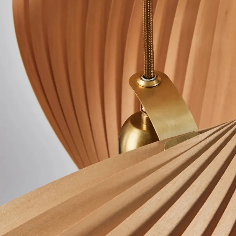 Hanging lamp in Japandi style, crafted from wood, offering sophisticated mood lighting for upscale interiors.