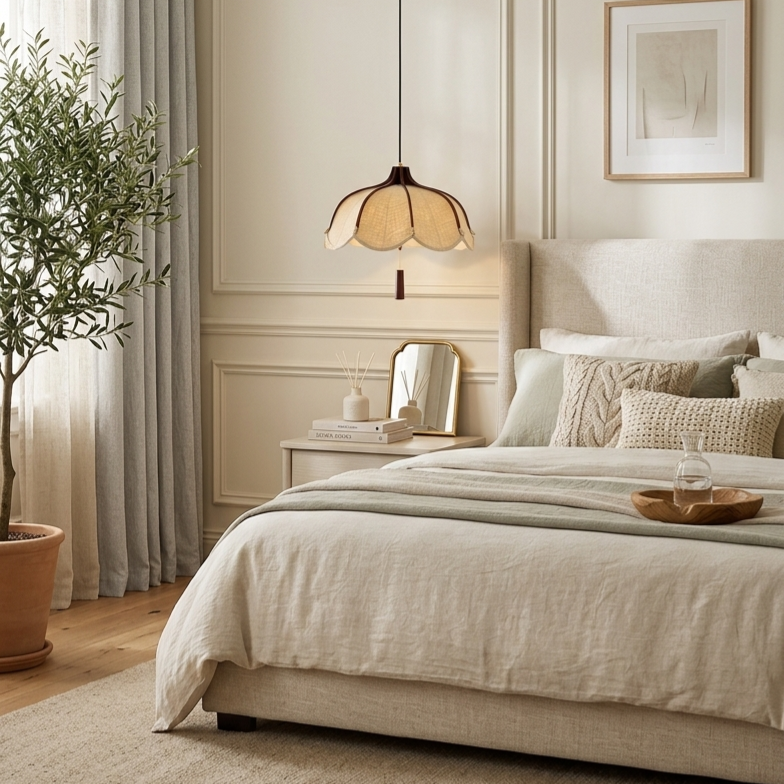Hanging lamp Japandi featuring Wood Mix Cloth designed for Bedroom interior