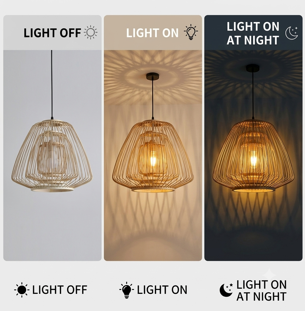 Nordic style hanging lamp in bamboo tiered cage, brightens the dining area.