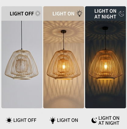 Nordic style hanging lamp in bamboo tiered cage, brightens the dining area.