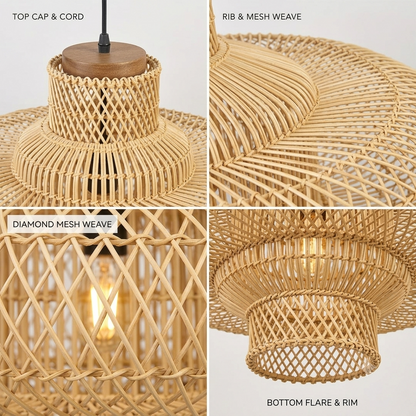 Minimalist lighting hanging lamp with a symmetrical rattan UFO design, glowing inside a boutique hotel lobby.