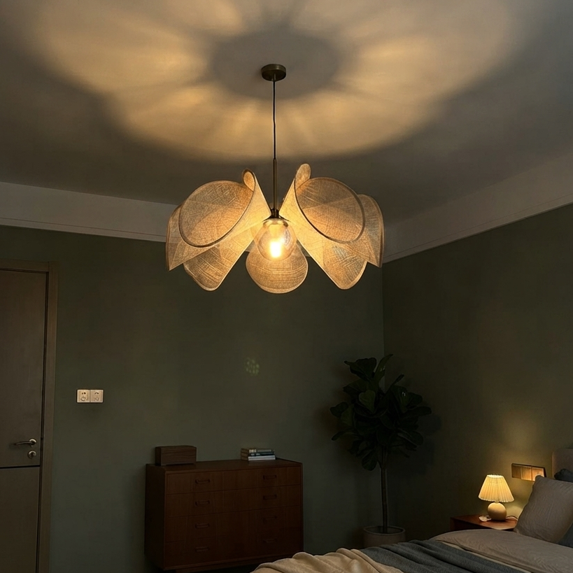 Hanging lamp in Modern style, crafted from Fabric, ideal for Bedroom decor, providing ambient and mood lighting with an organic, sculptural appeal.