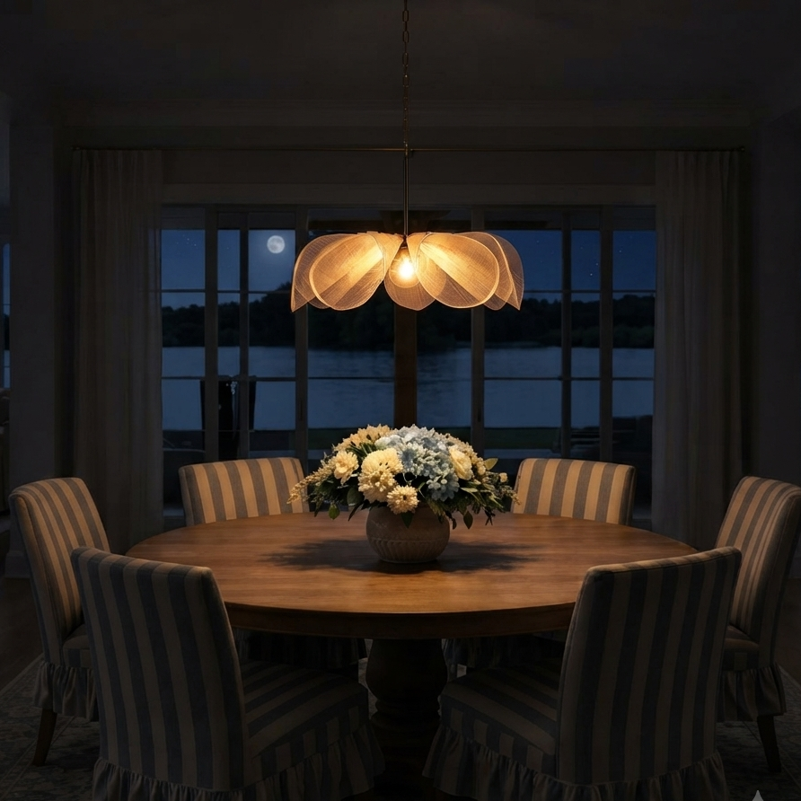 Hanging lamp in Modern style, crafted from Fabric, ideal for Dining table decor, providing ambient and mood lighting with an organic, sculptural appeal.