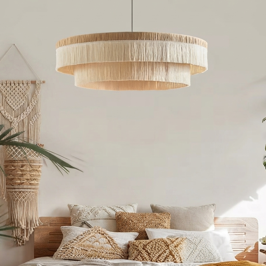 Hanging lamp in modern Raffia style, perfect for bedroom nightstand lighting, offering warm mood light.
