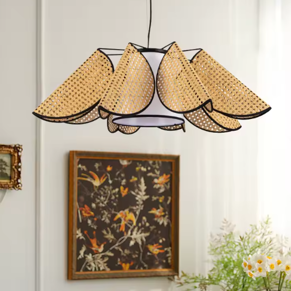 Hanging lamp in modern rattan and fabric style, ideal for art room lighting, offering soft mood illumination.