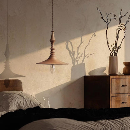 Hanging lamp in modern turned wood style, perfect for bedroom nightstand lighting, offering warm mood light.
