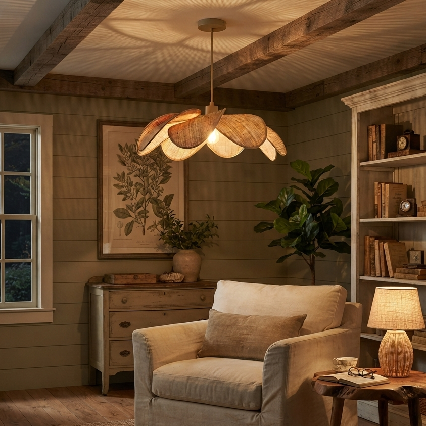 Hanging lamp with natural Rattan texture, perfect for art rooms, providing gentle mood lighting for creative spaces.