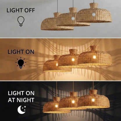 Renewable hand-woven rattan dome hanging lamp, designed for an eco-conscious dining area.
