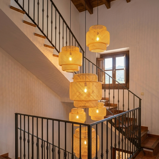 Crafted from delicately arranged high-quality bamboo, its dynamic spiral design creates a flowing, organic silhouette that casts artistic shadows and a warm, inviting glow.