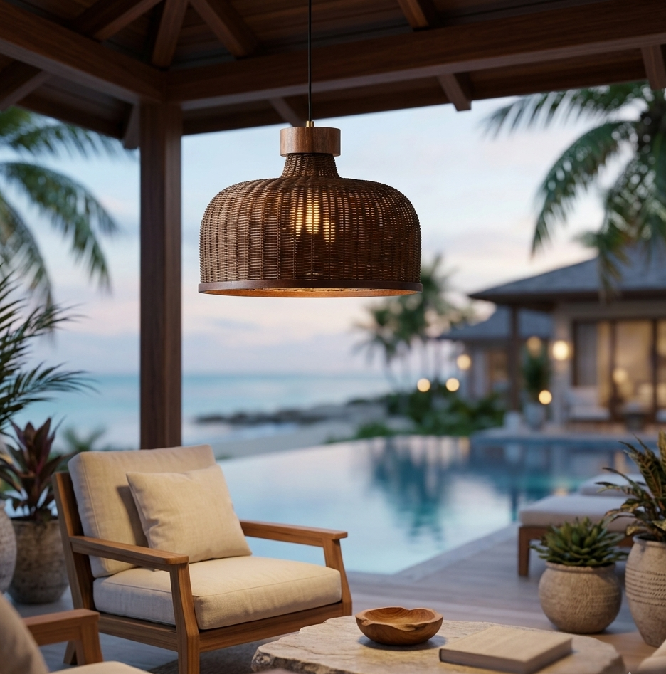 Premium bamboo dome light bringing an upscale, eco-resort and earthy luxury feel to a high-end cafe or boutique hotel lounge.