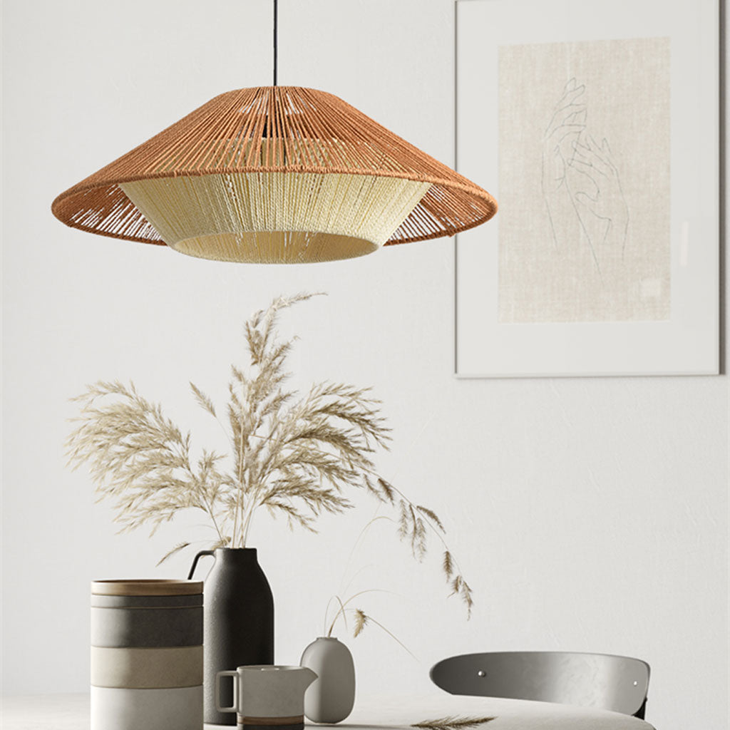 Premium bamboo hat light shade offering an upscale, eco-resort aesthetic for a boutique hotel lounge or modern cafe.