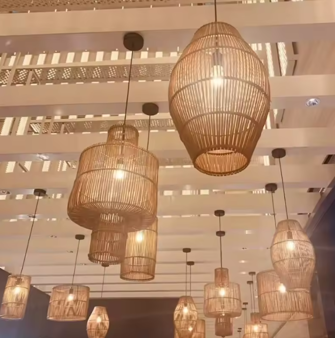 Premium bamboo slat light shade offering an upscale, eco-resort entryway look for boutique hotels and modern tea rooms.